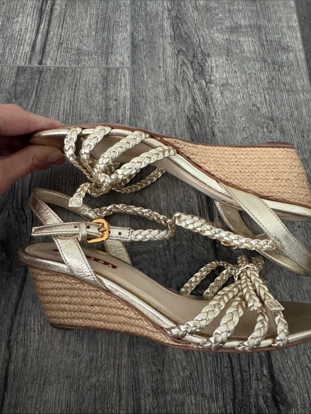 Prada Gold Braided Leather Wedge Espadrille Sandals Size 36/US 6 COA includes - Picture 3 of 11